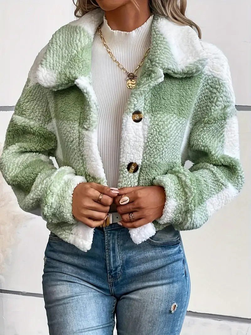 Cozy Plaid Button - Front Teddy Jacket - Women's Winter Jacket - Wild Eye Vision