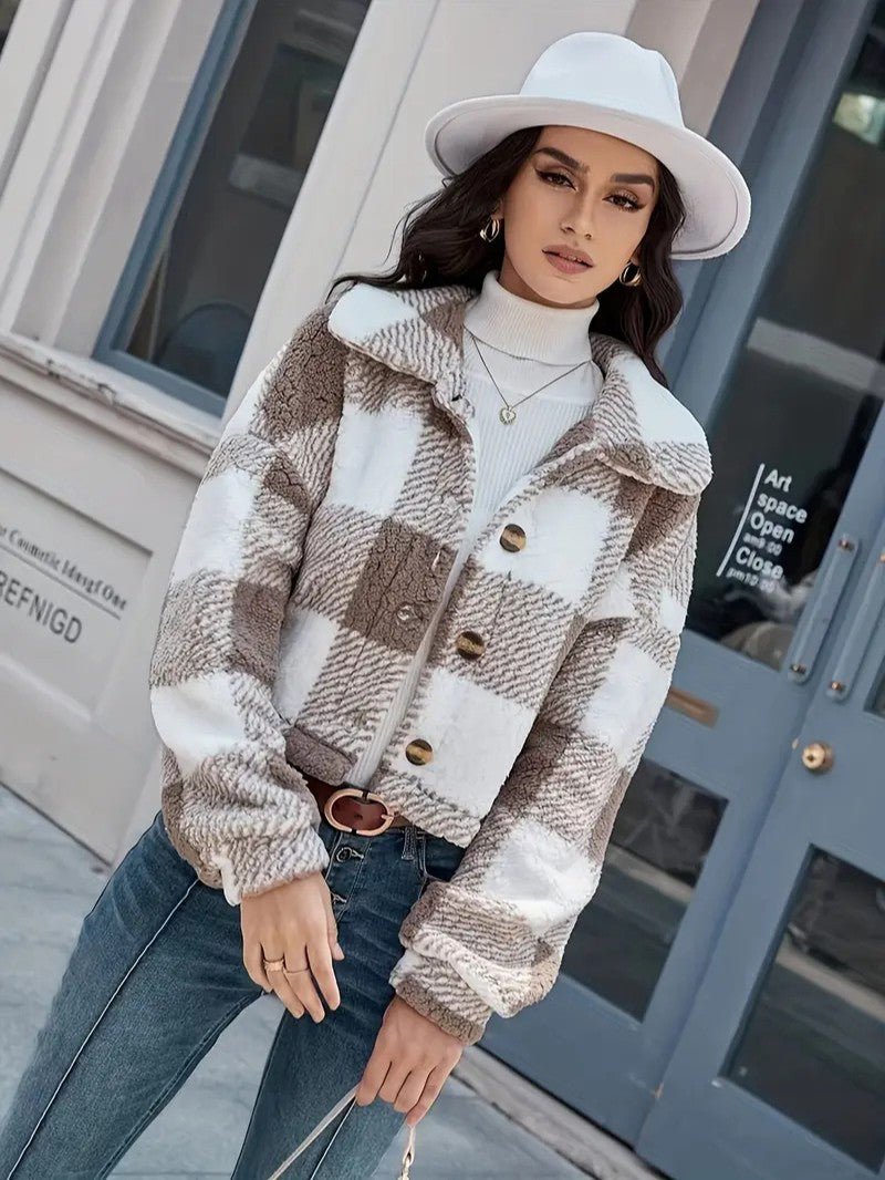 Cozy Plaid Button - Front Teddy Jacket - Women's Winter Jacket - Wild Eye Vision