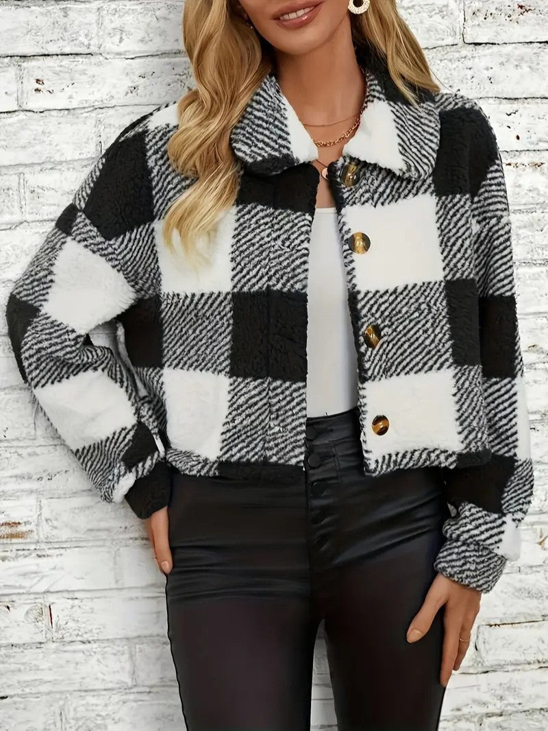 Cozy Plaid Button - Front Teddy Jacket - Women's Winter Jacket - Wild Eye Vision