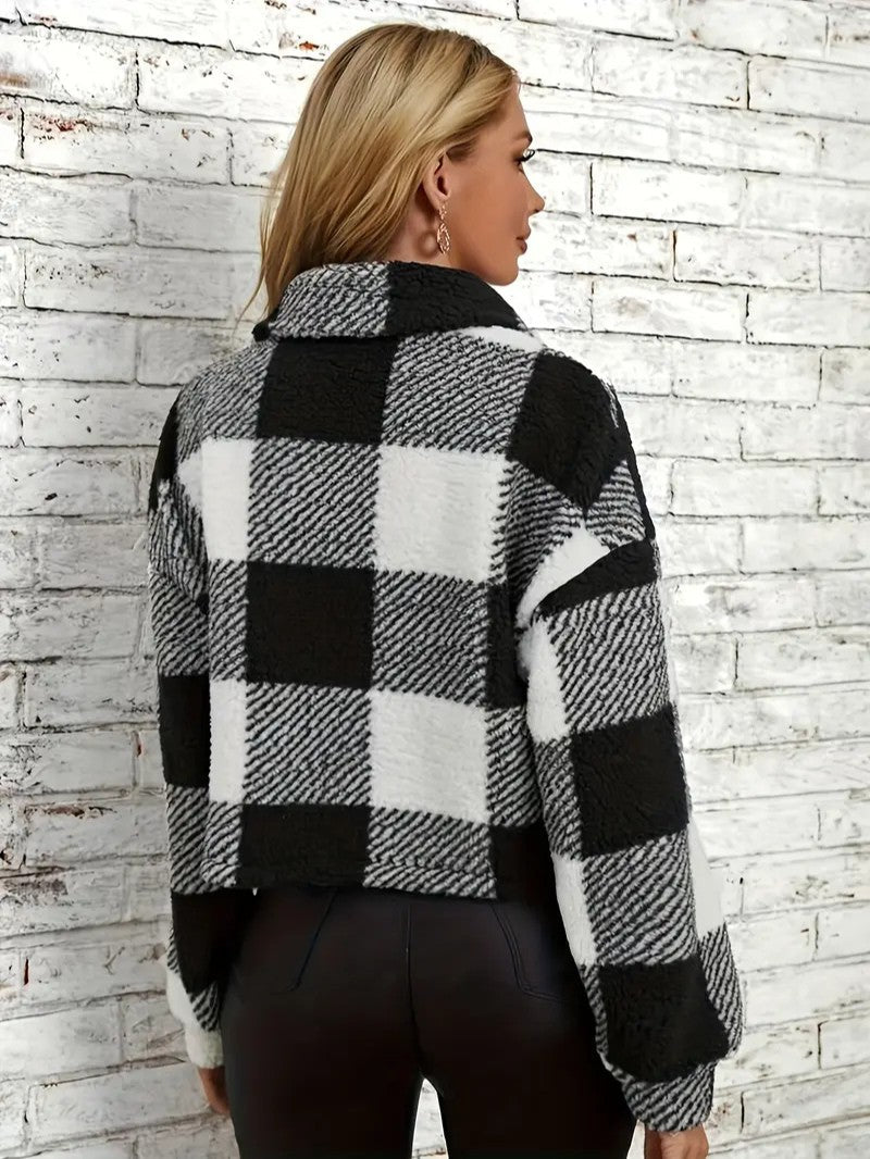 Cozy Plaid Button - Front Teddy Jacket - Women's Winter Jacket - Wild Eye Vision