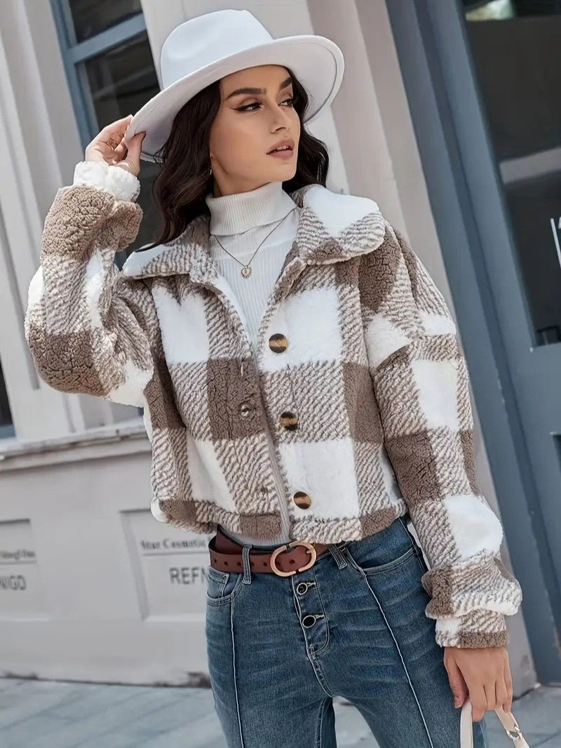 Cozy Plaid Button - Front Teddy Jacket - Women's Winter Jacket - Wild Eye Vision