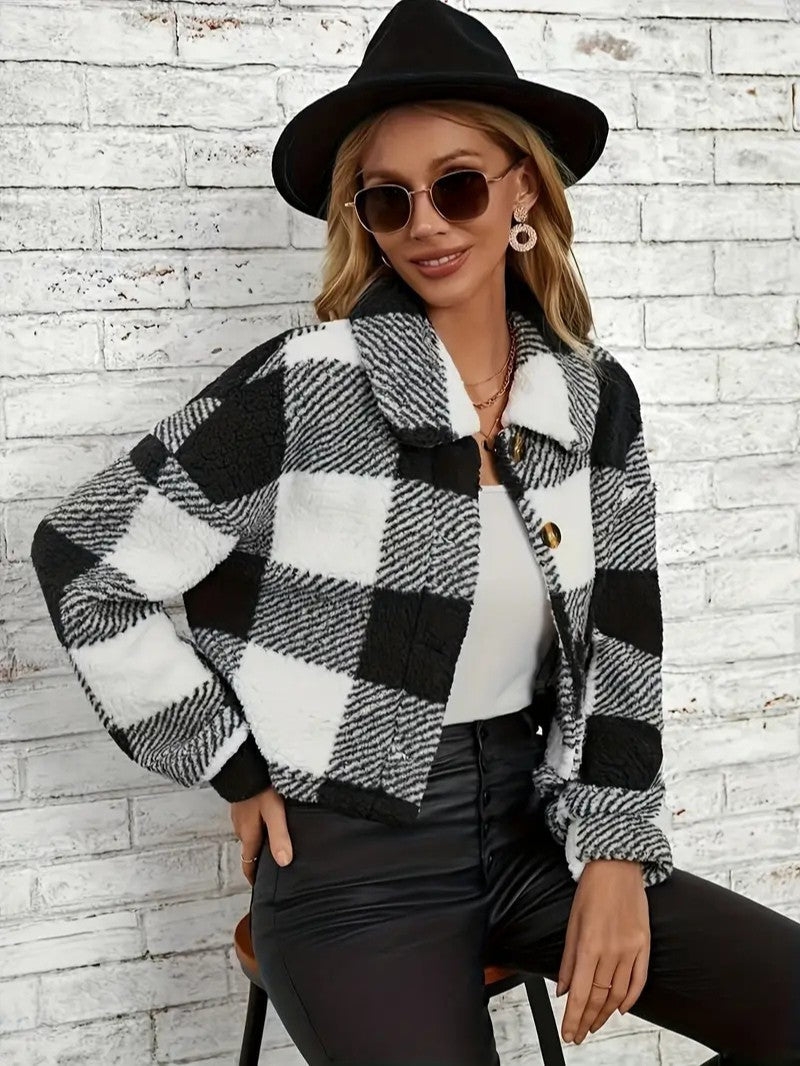 Cozy Plaid Button - Front Teddy Jacket - Women's Winter Jacket - Wild Eye Vision