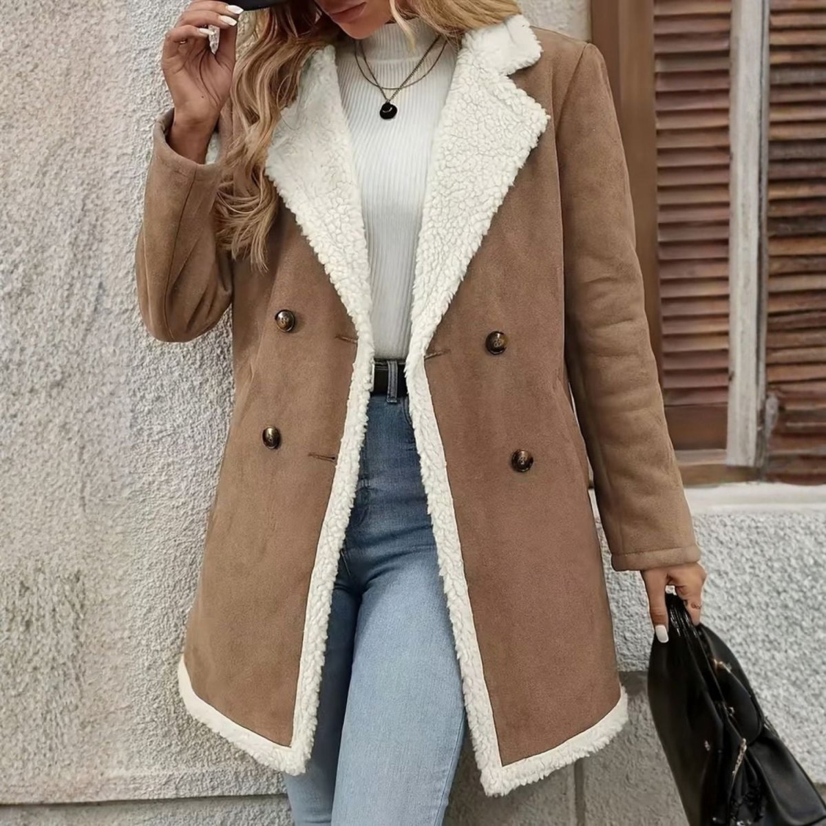 Faux Shearling Lapel Coat - Women Coat - Wild Eye Vision