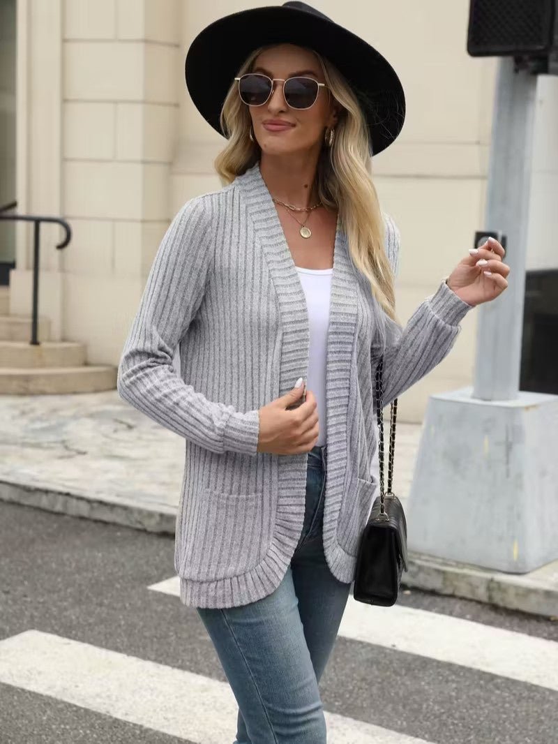 Women's Ribbed Knit Cardigan with Pockets - Women Knit Cardigan - Wild Eye Vision
