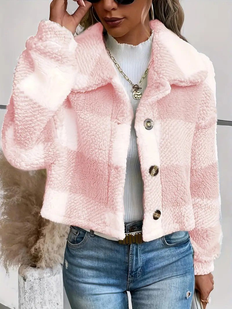 Cozy Plaid Button - Front Teddy Jacket - Women's Winter Jacket - Wild Eye Vision
