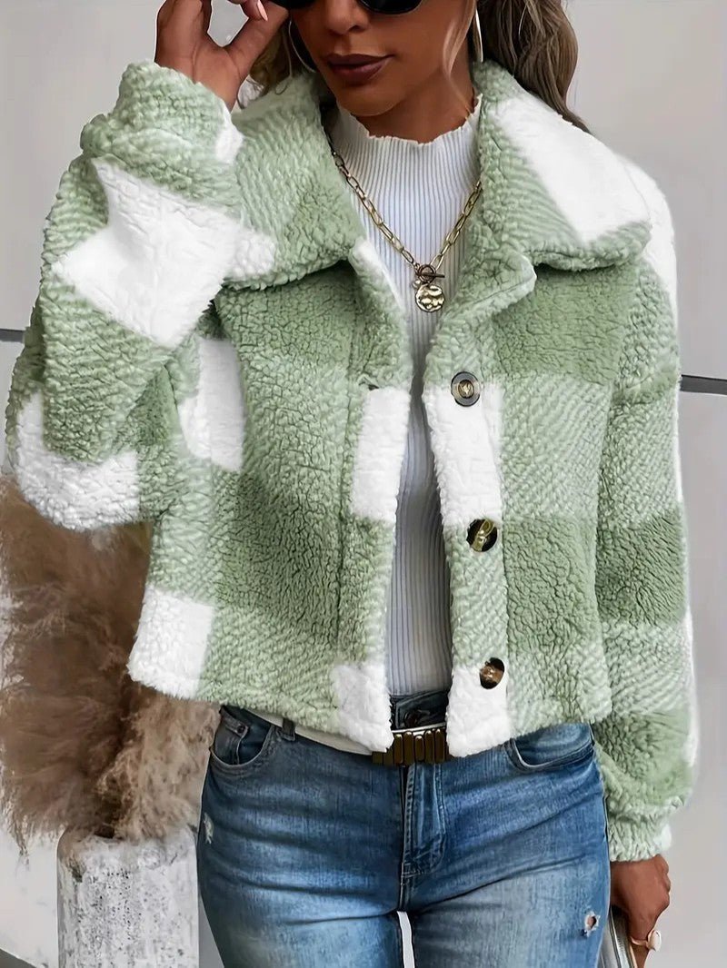 Cozy Plaid Button - Front Teddy Jacket - Women's Winter Jacket - Wild Eye Vision