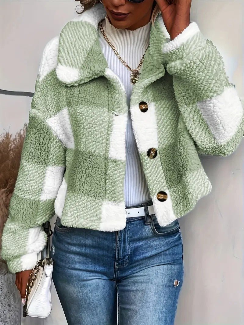 Cozy Plaid Button - Front Teddy Jacket - Women's Winter Jacket - Wild Eye Vision