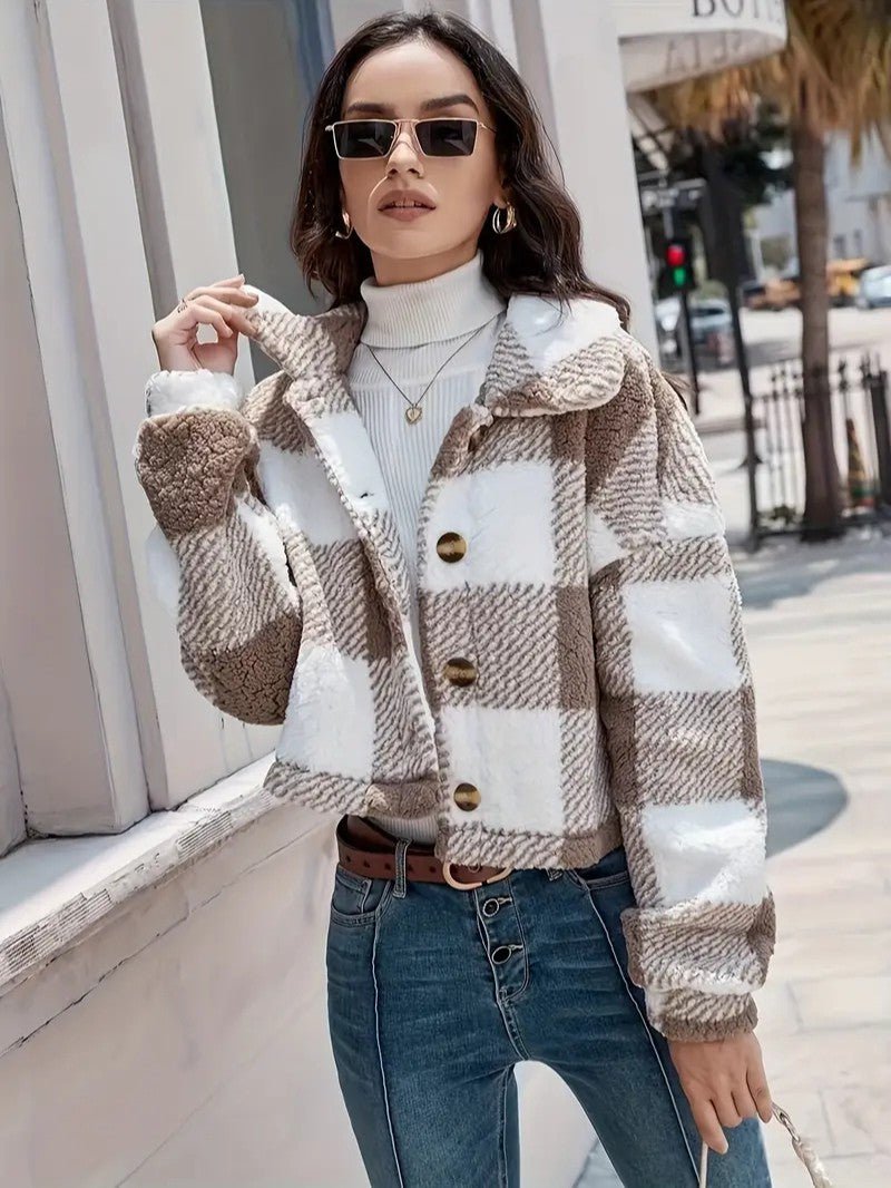 Cozy Plaid Button - Front Teddy Jacket - Women's Winter Jacket - Wild Eye Vision