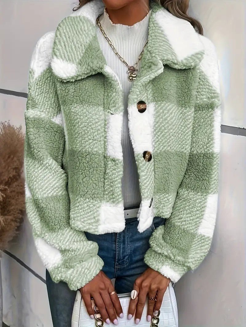 Cozy Plaid Button - Front Teddy Jacket - Women's Winter Jacket - Wild Eye Vision
