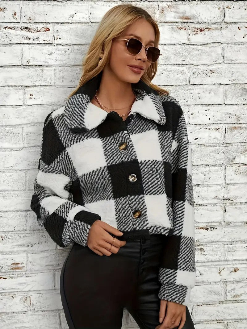 Cozy Plaid Button - Front Teddy Jacket - Women's Winter Jacket - Wild Eye Vision