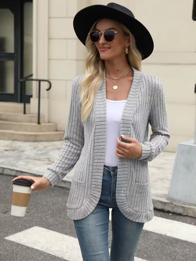 Women's Ribbed Knit Cardigan with Pockets - Women Knit Cardigan - Wild Eye Vision