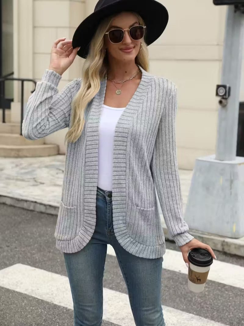 Women's Ribbed Knit Cardigan with Pockets - Women Knit Cardigan - Wild Eye Vision